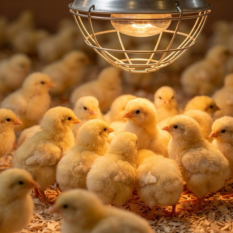 Day-old chicks under a brooder lamp