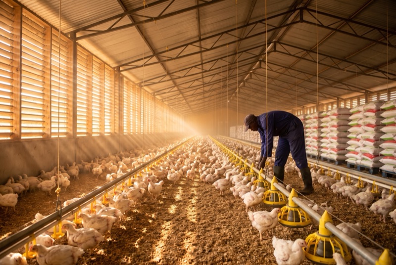 Healthy broiler chickens in a Novafeed-fed poultry house